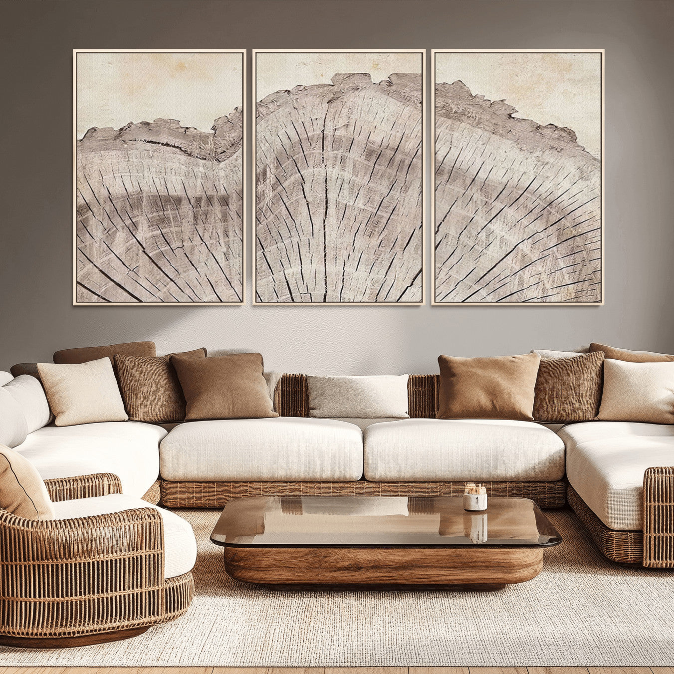 -Tree Ring Wall Art Triptych, Rustic Wood Ring Canvas Print, Minimalist Wall Decor for Modern Homes