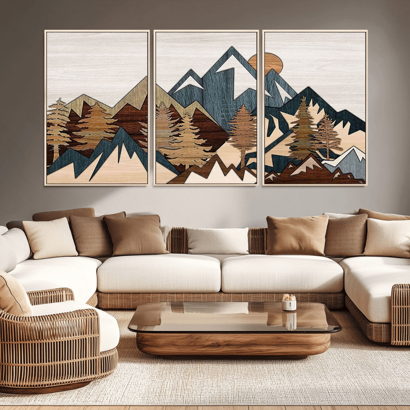 67950-MGV-CV-36X24-Rustic Abstract Wood Panel Effect Canvas Mountain Range Top Wood Wall Art Canvas Print
