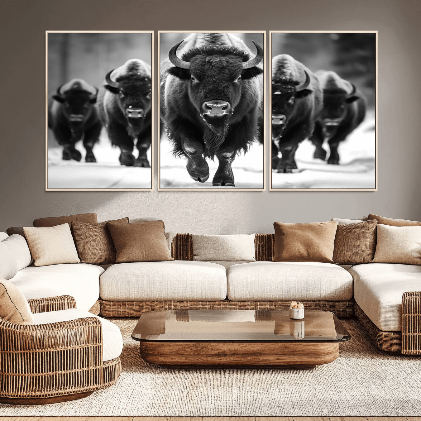 79872-MGV-FC-60X30-3P_Natural-American Bison Art | Buffalo Herd Wall Art Canvas Print, BW American Bison Herd Wall Art Canvas