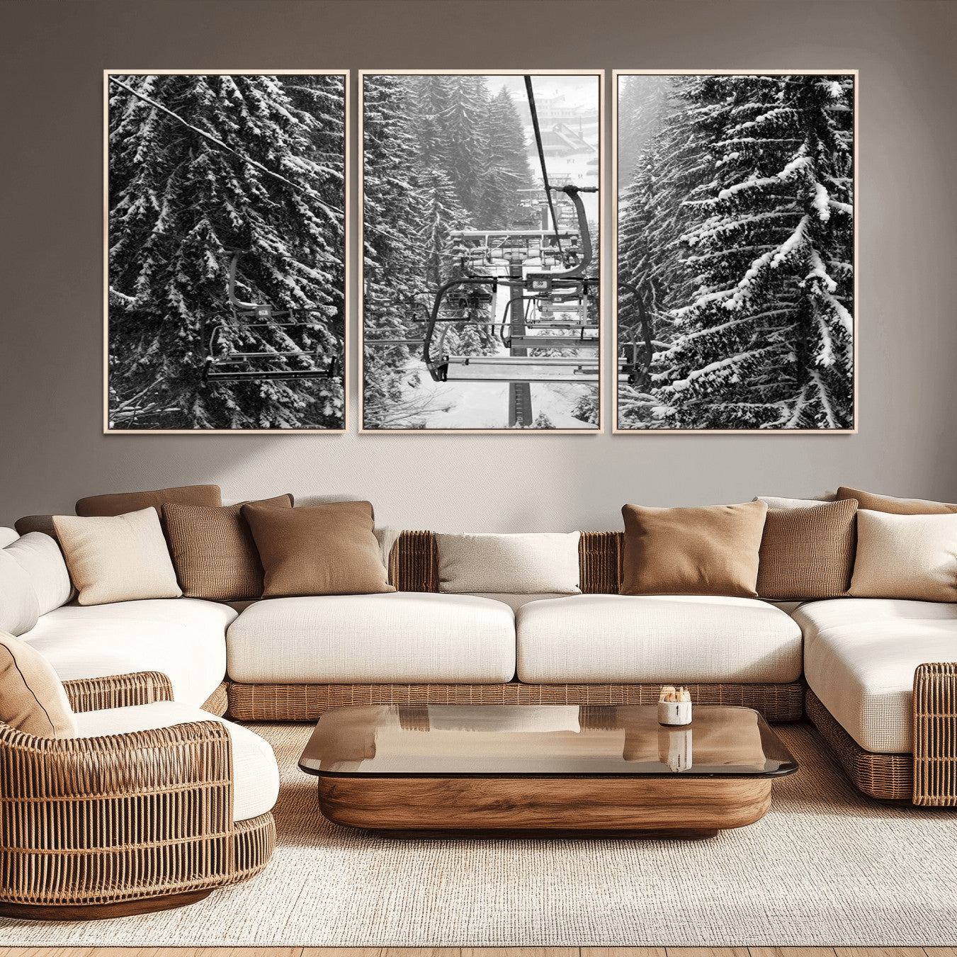 -Winter Ski Lift Black and White Canvas Wall Art – Alpine Escape in Minimalist Style – Winter Ski