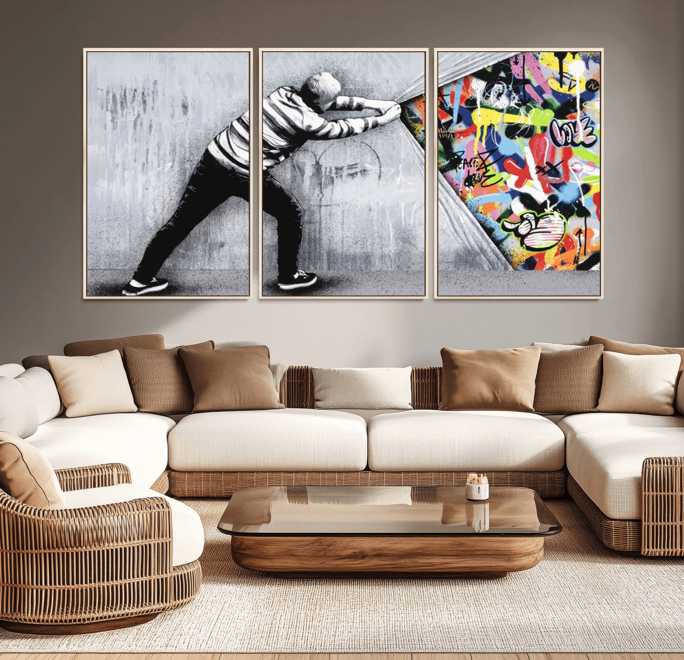 52252-MGV-CV-36X24-Banksy Art Behind the Curtain Street Wall Art Canvas Print | 3-Panel Urban Graffiti-Inspired Wall