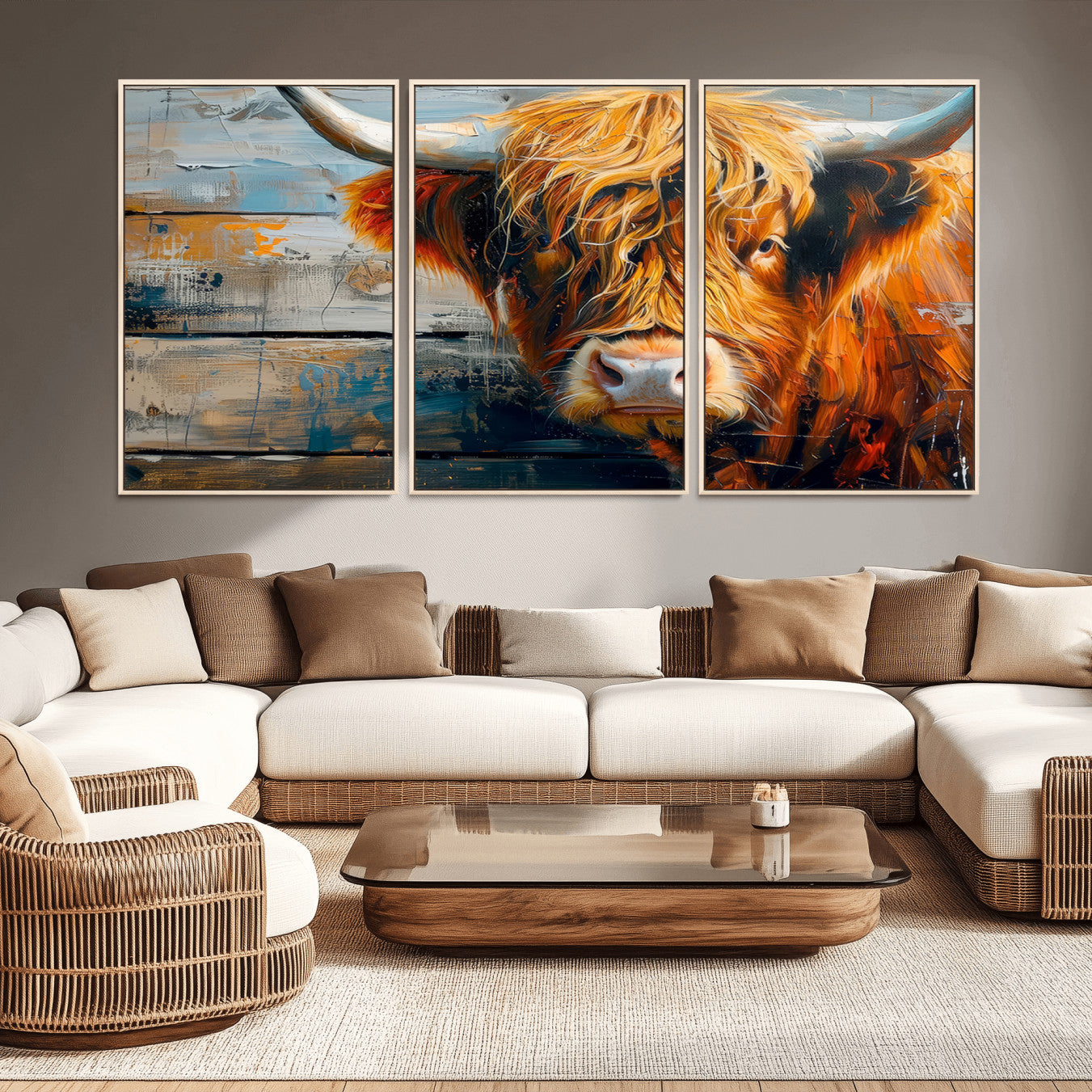 -Highland Cow Abstract Canvas Wall Art – Bold Farmhouse Rustic Decor – Ready to Hang