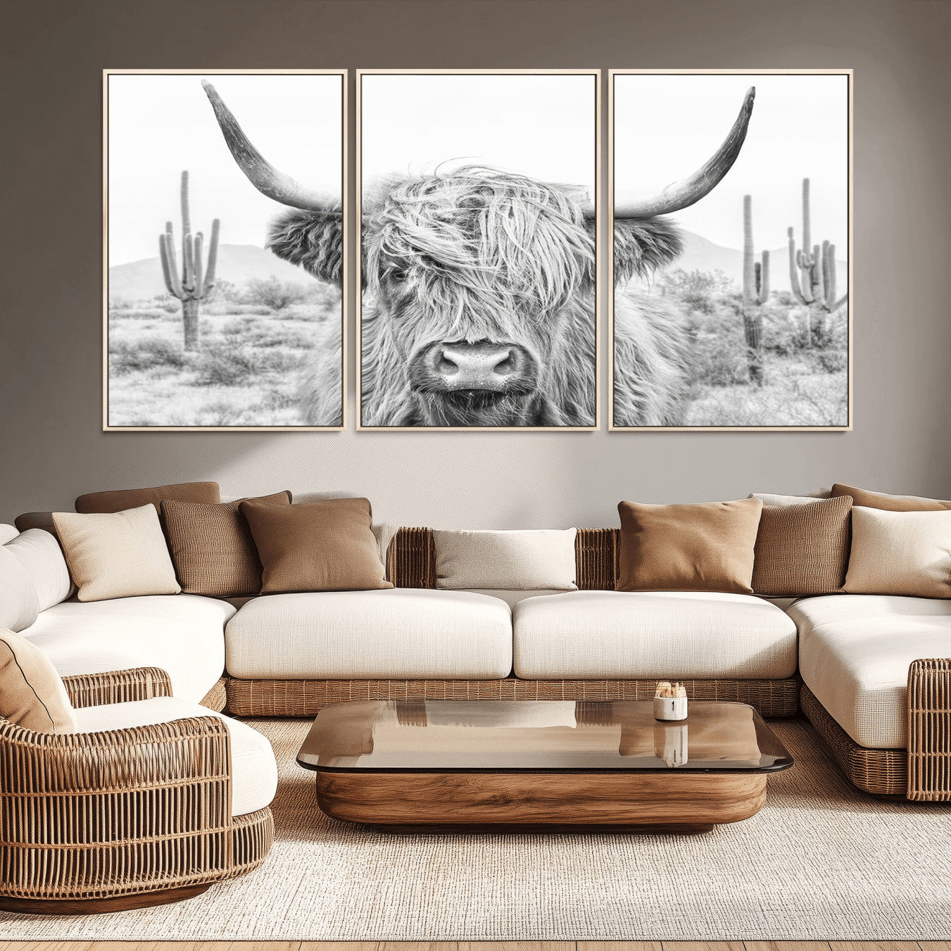 -Rustic Charm | Cow Longhorn Black White Bighorn Wall Art Canvas Print | Farmhouse Wall Art