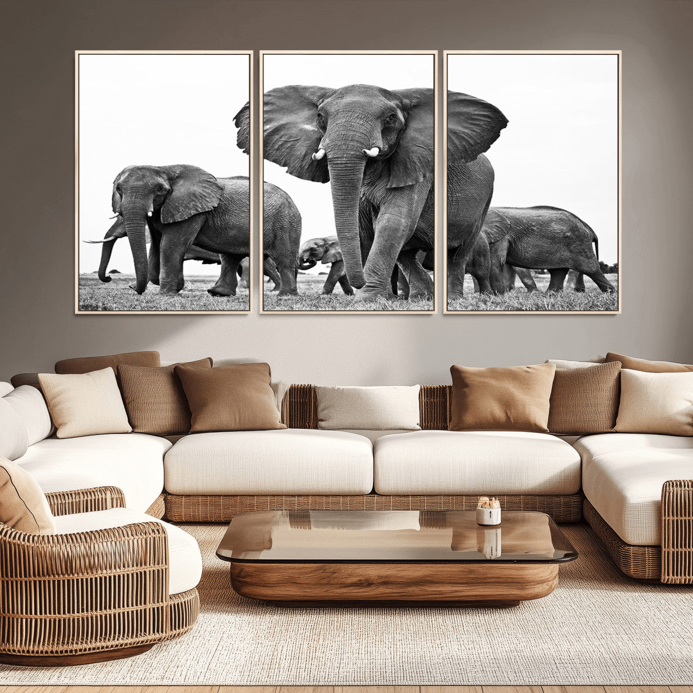 -Black White Elephant Family Wall Art Canvas Print