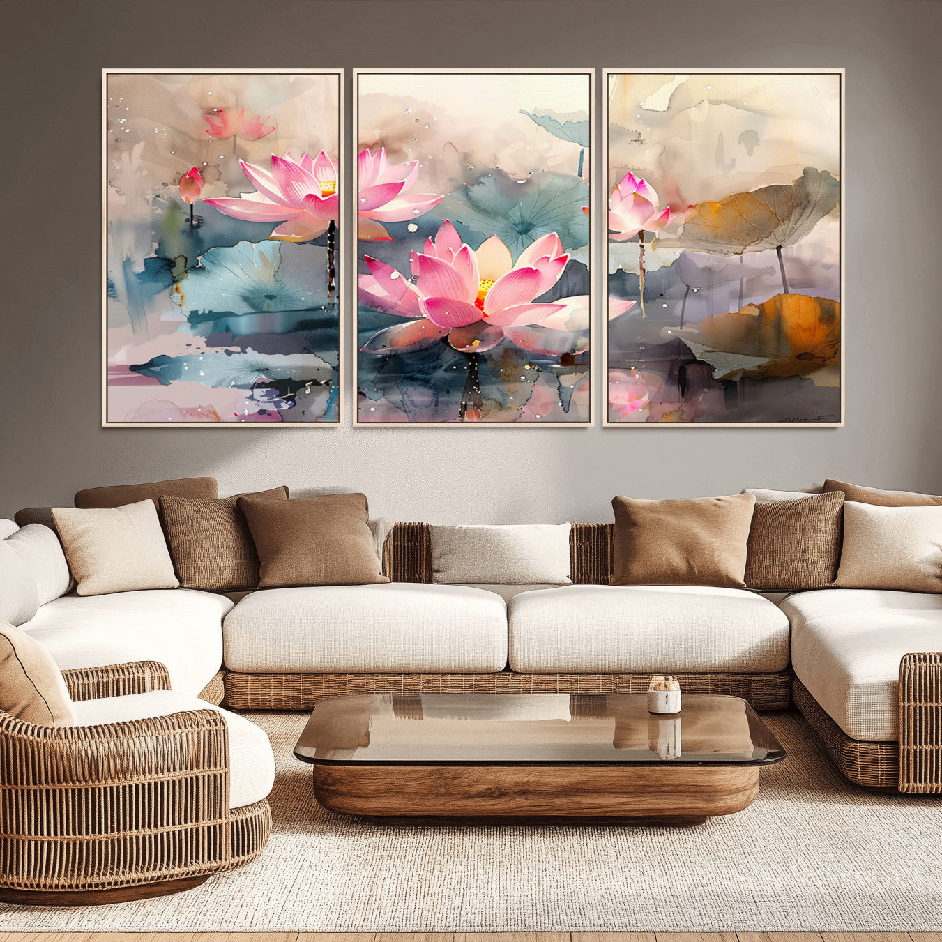 -Lotus Flower Wall Art | 3-Panel Giclee Canvas Print of Pink Lotus Blossoms for Living Room, Bedroom,