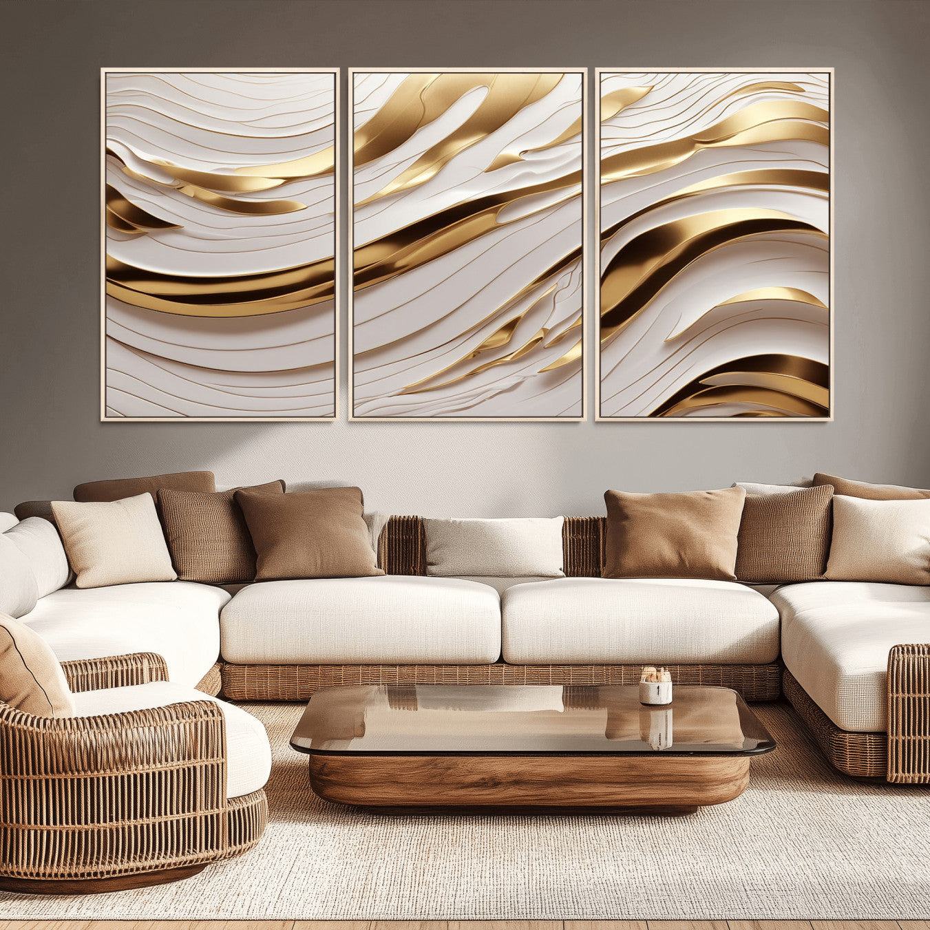81197-MGV-CV-36X24-Gold and White Abstract Wave Canvas – Elegant Flowing Design with Luxurious Golden Accents –