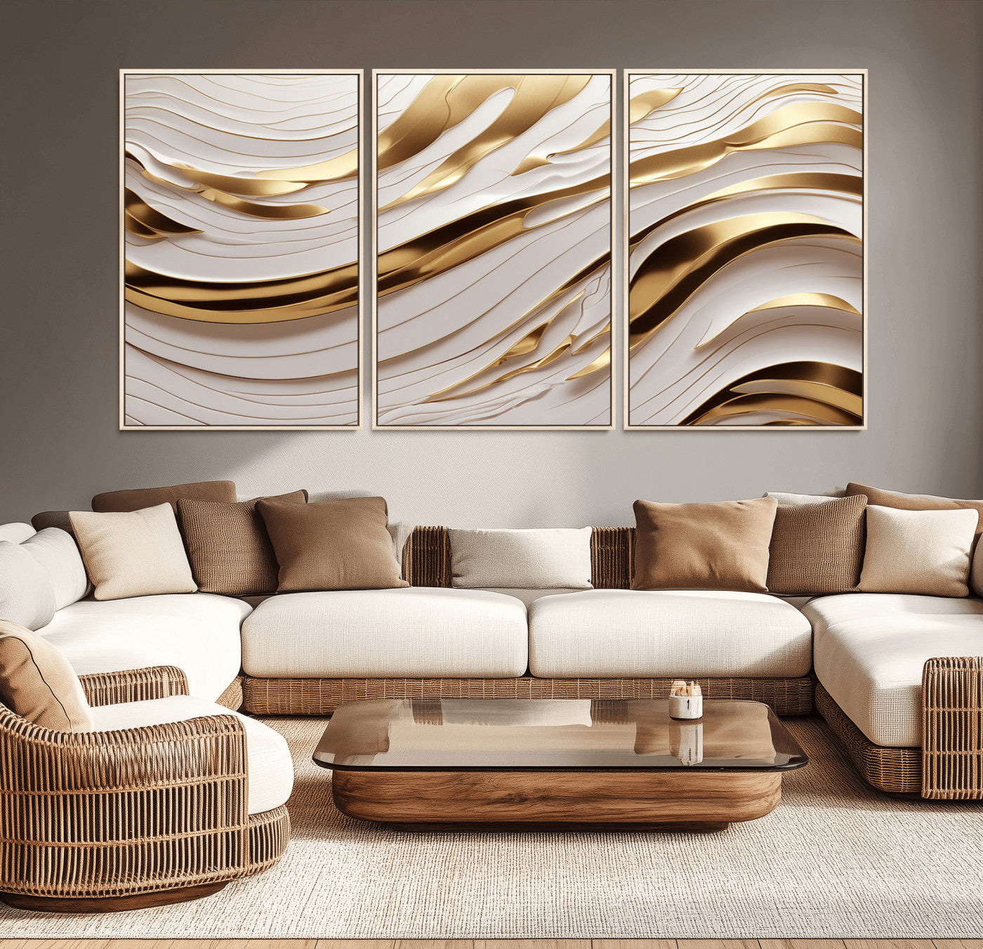 81197-MGV-CV-36X24-Gold and White Abstract Wave Canvas – Elegant Flowing Design with Luxurious Golden Accents –