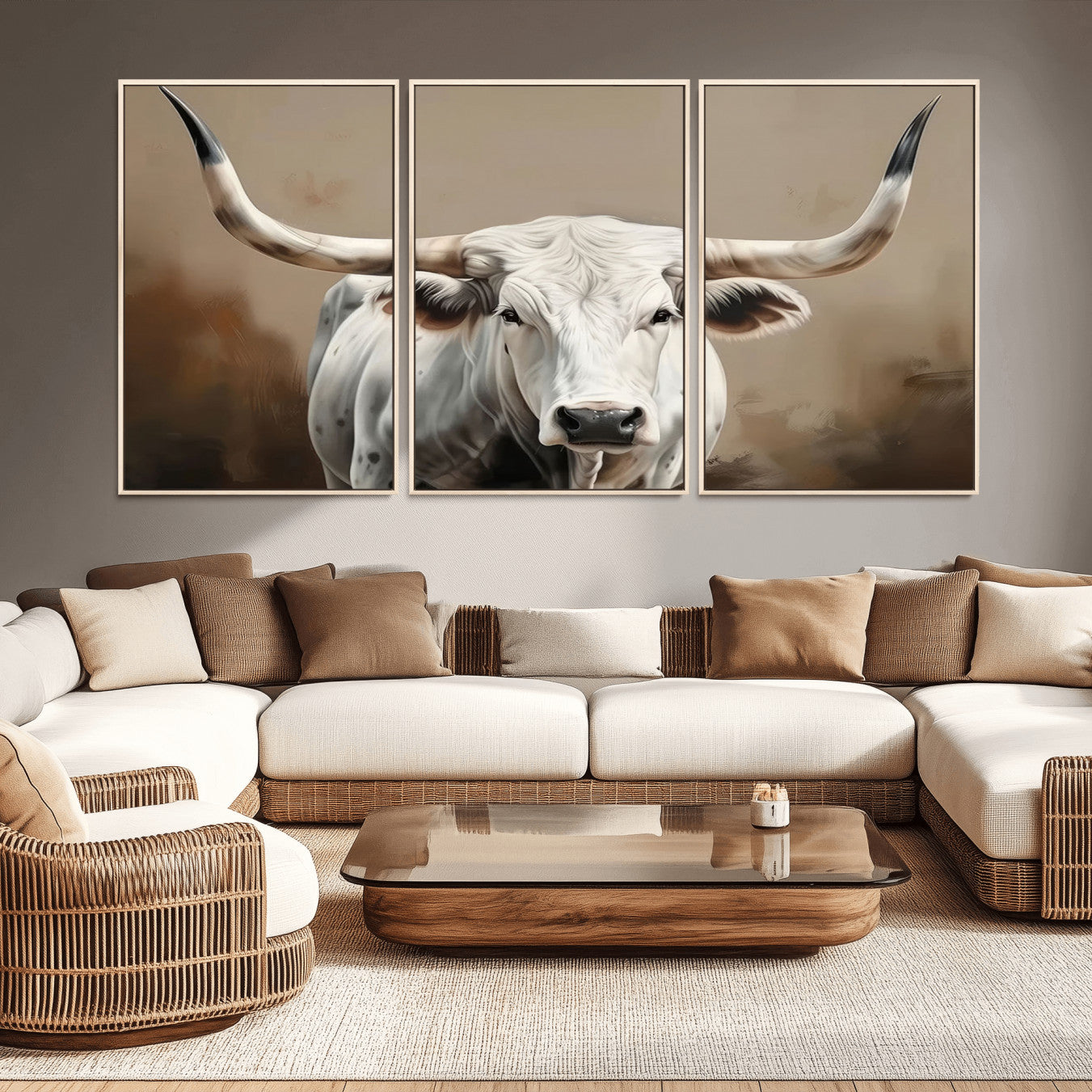 -White Longhorn Bull Wall Art Canvas Print – Framed and Ready to Hang – Perfect for Farmhouse and