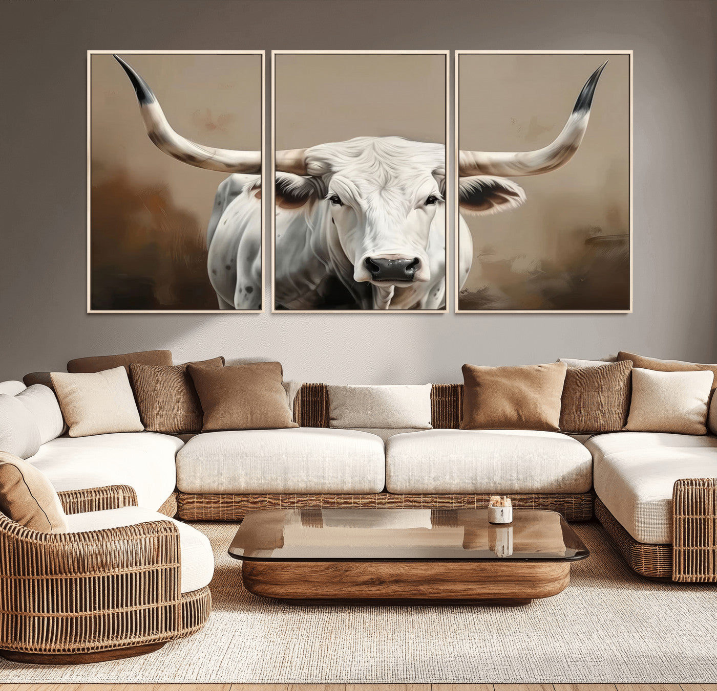 -White Longhorn Bull Wall Art Canvas Print – Framed and Ready to Hang – Perfect for Farmhouse and