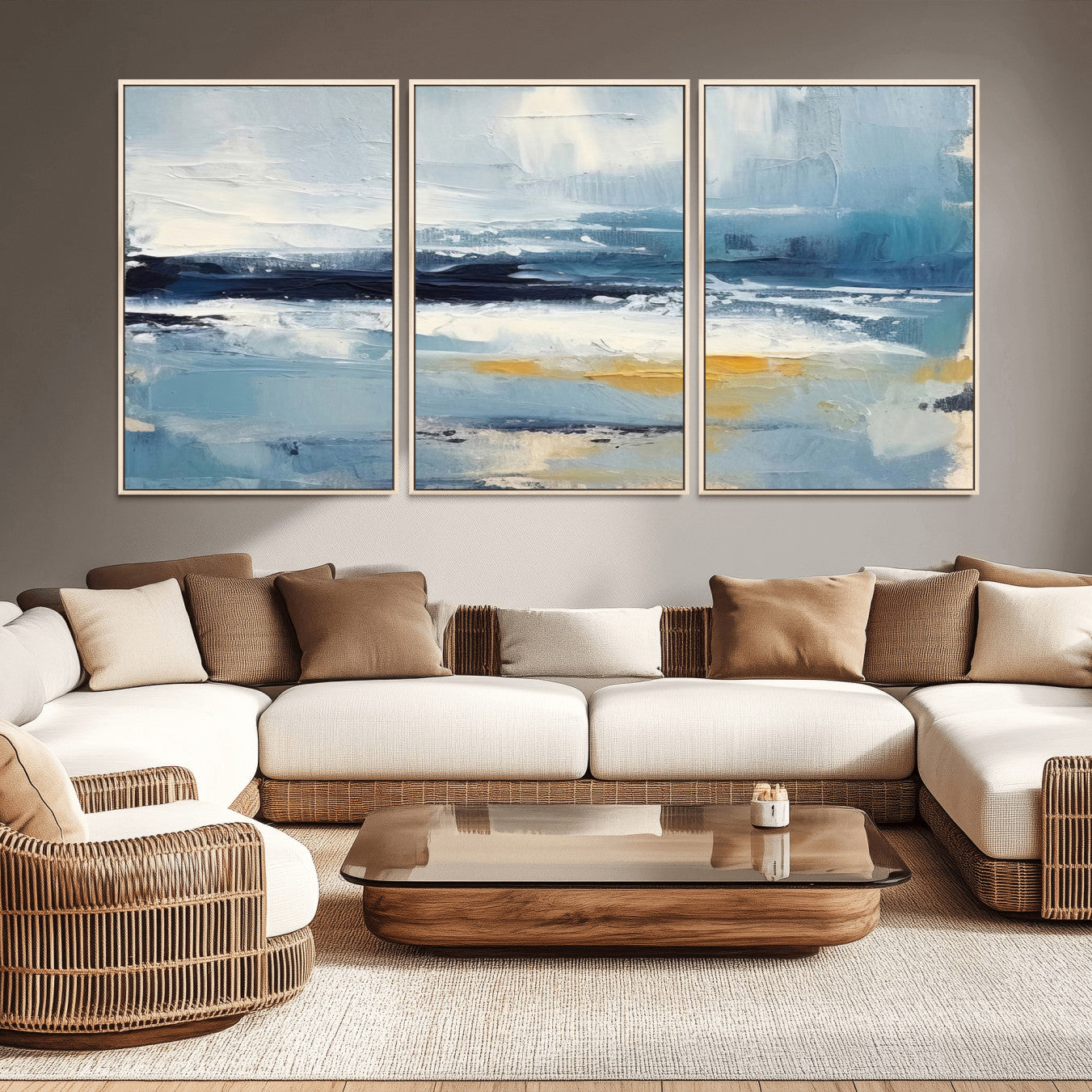 19746-MGV-CV-36X24-Abstract Ocean Canvas Wall Art - Coastal Blue and Gold Textured Painting, Modern Seascape Decor for