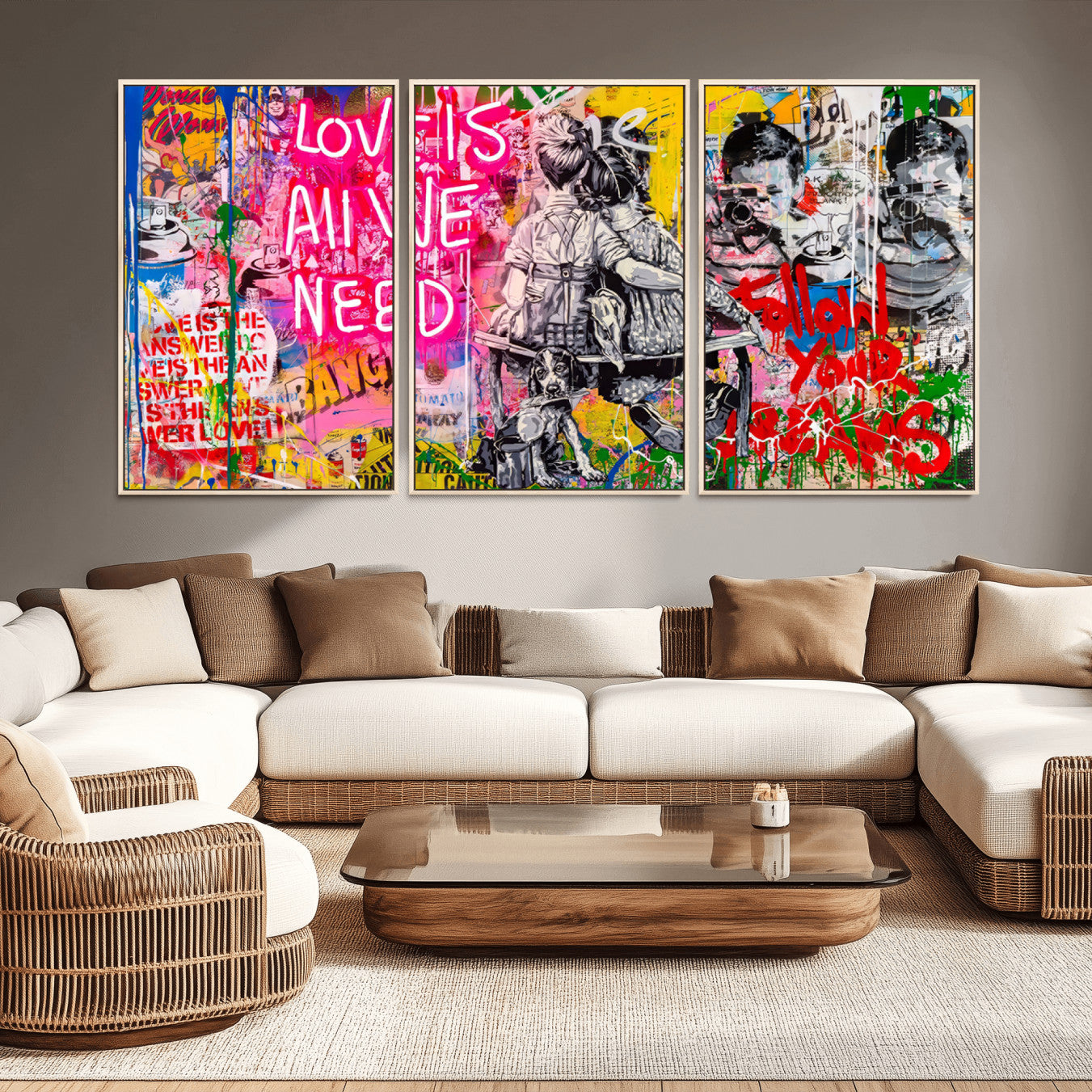 67019-MGV-CV-36X24-Follow Your Dreams & Love is All We Need Graffiti Street Art Triptych | Colorful Urban Wall Art