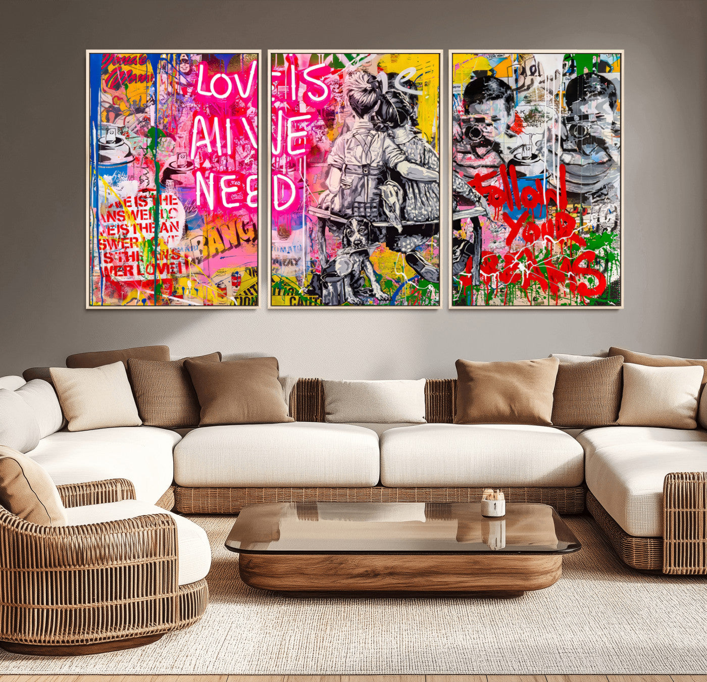 67019-MGV-CV-36X24-Follow Your Dreams & Love is All We Need Graffiti Street Art Triptych | Colorful Urban Wall Art