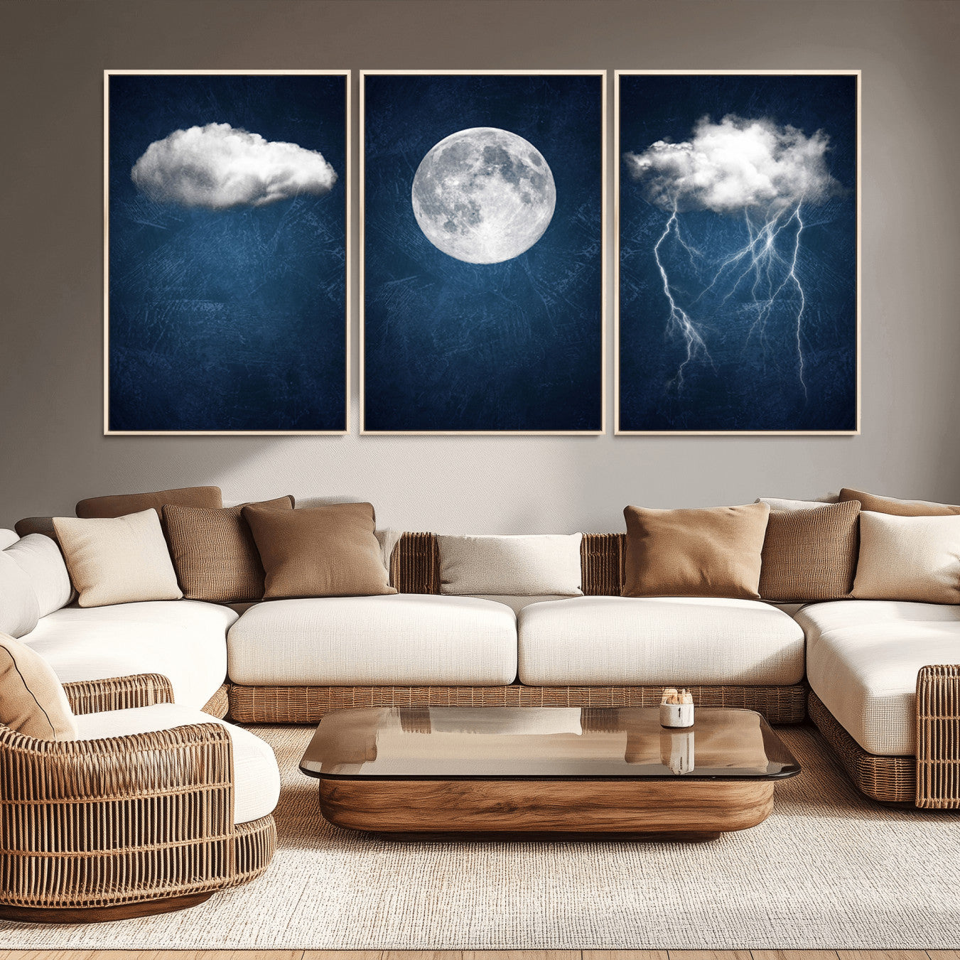96569-MGV-CV-36X24-Dark Blue Cloud Art, 3 Piece Indigo Blue Wall Art, Aesthetic Surreal Art, Thunderstorm Moon Cloud