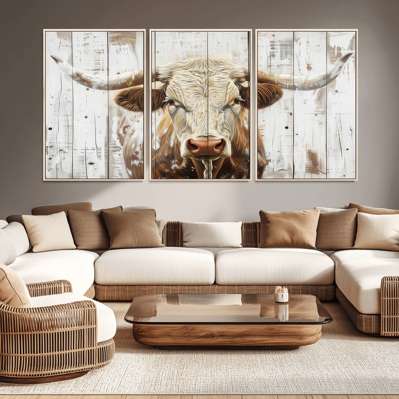 -Rustic Longhorn Bull Wall Art Canvas Set – Western-Inspired Farmhouse Décor - Ready to Hang