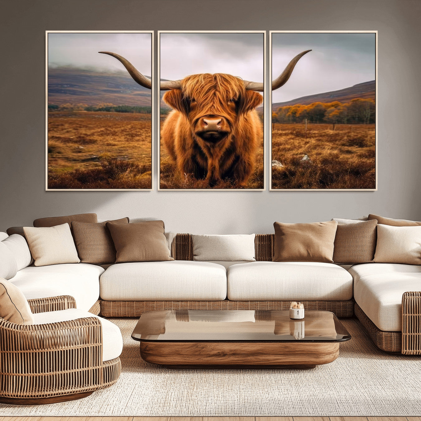 -Highland Cow Longhorn Wall Art – Rustic Canvas Print, Framed and Ready to Hang for Farmhouse Décor