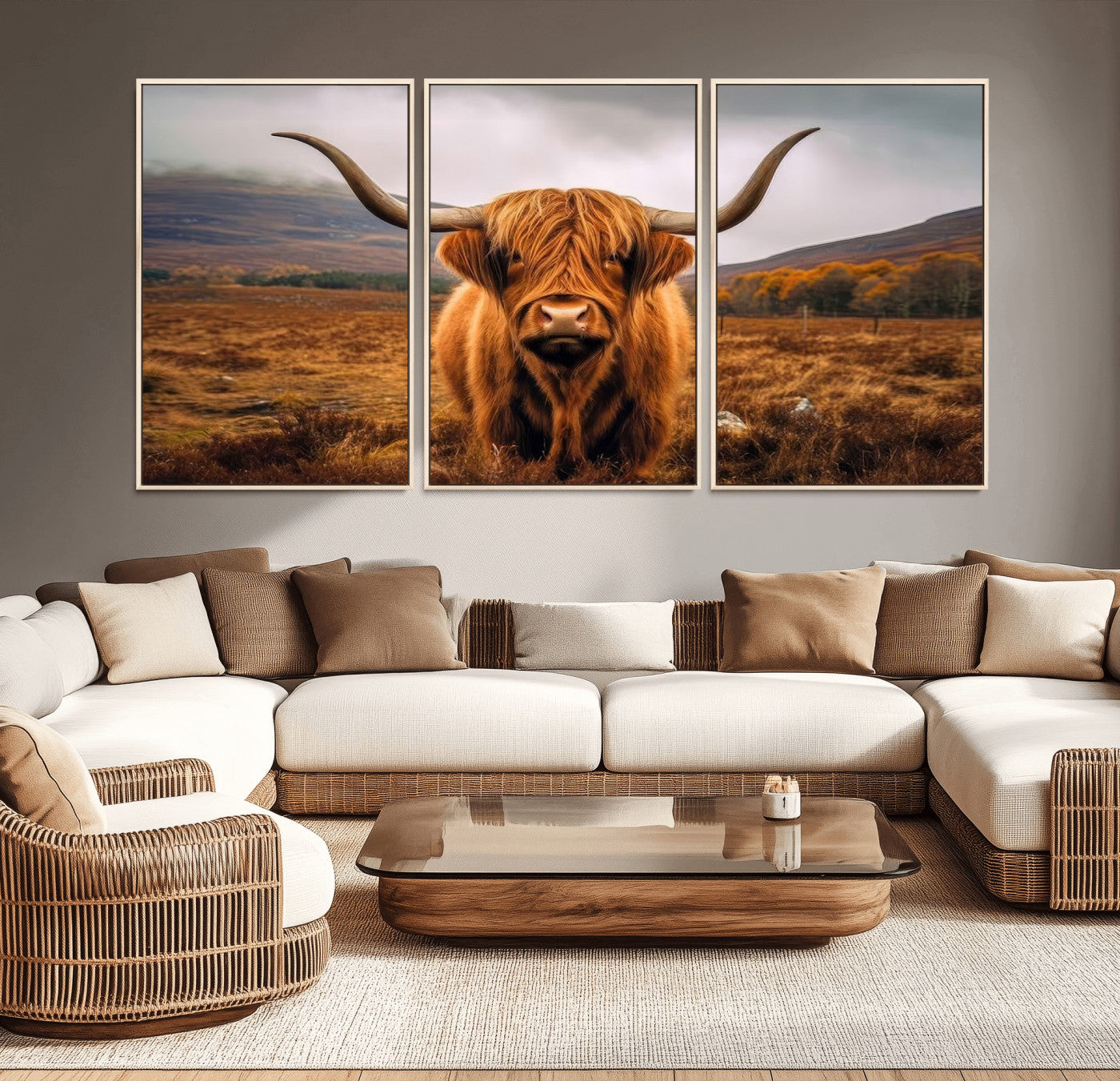 -Highland Cow Longhorn Wall Art – Rustic Canvas Print, Framed and Ready to Hang for Farmhouse Décor