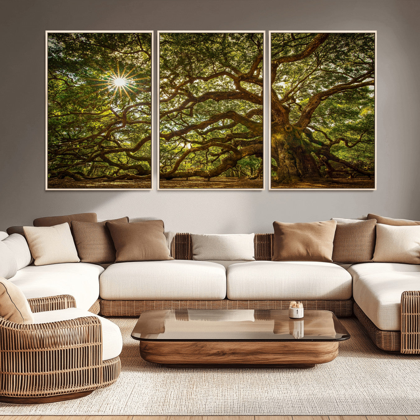 57983-MGV-CV-36X24-Ancient Angel Oak Tree Art Sunburst Canvas Print- Nature-Inspired Triptych Canvas Print, Framed,