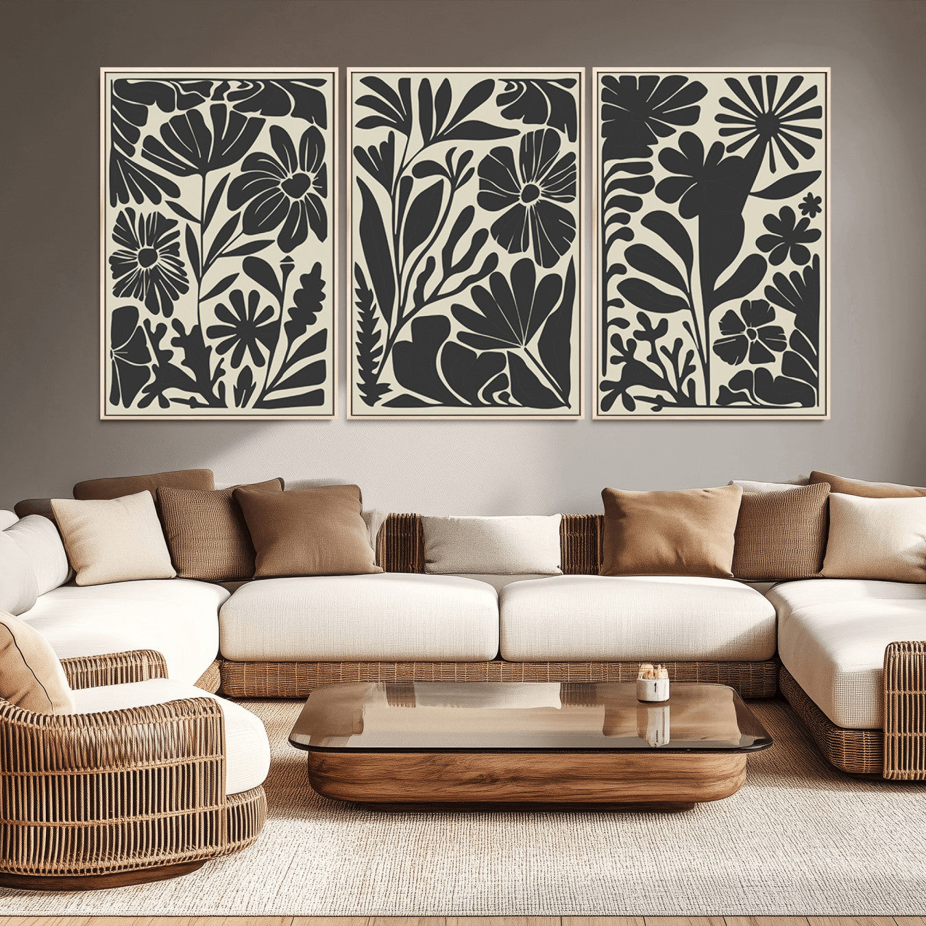 -Modern Botanical Wall Art - Floral Black and White Canvas Print, Framed, Ready to Hang