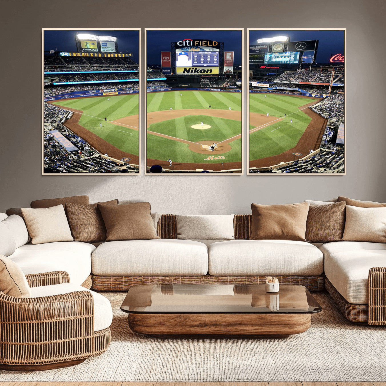 -Citi Field Wall Art Print | 3-Panel New York Mets Baseball Stadium Canvas Print | Framed Sports
