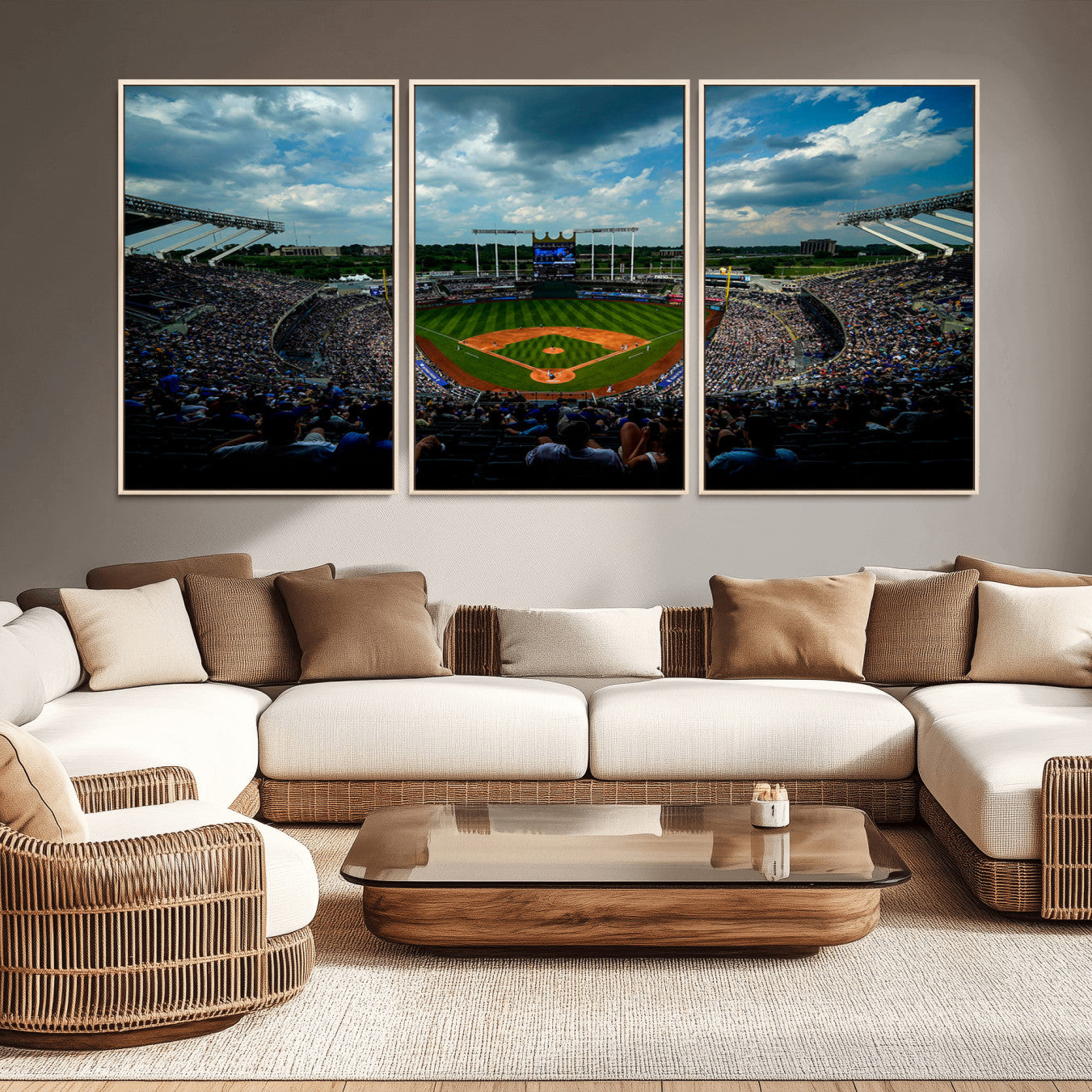 -3-Panel Kauffman Stadium Wall Art Print | Large Kansas City Royals Baseball Canvas Print for Sports