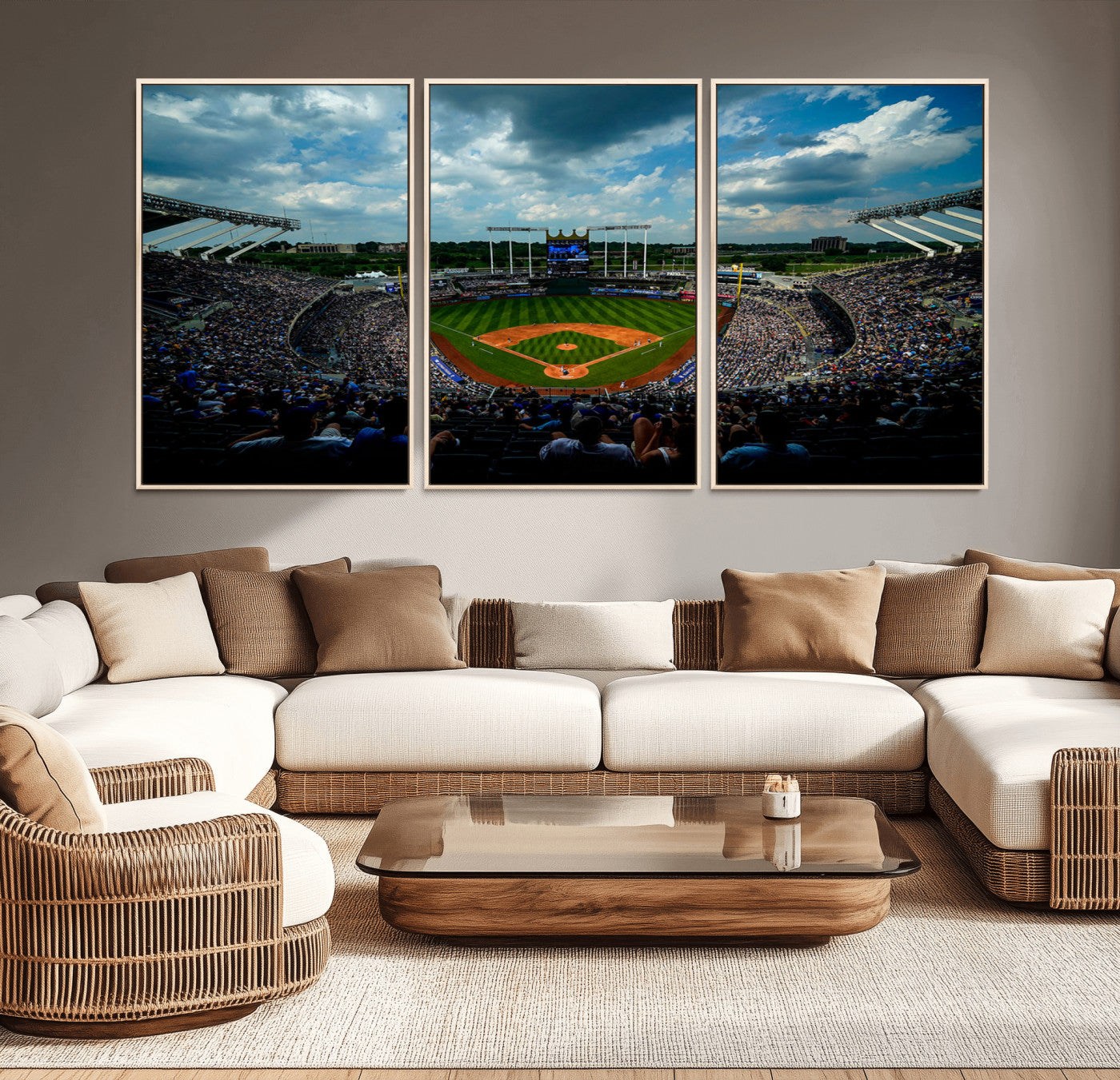 -3-Panel Kauffman Stadium Wall Art Print | Large Kansas City Royals Baseball Canvas Print for Sports