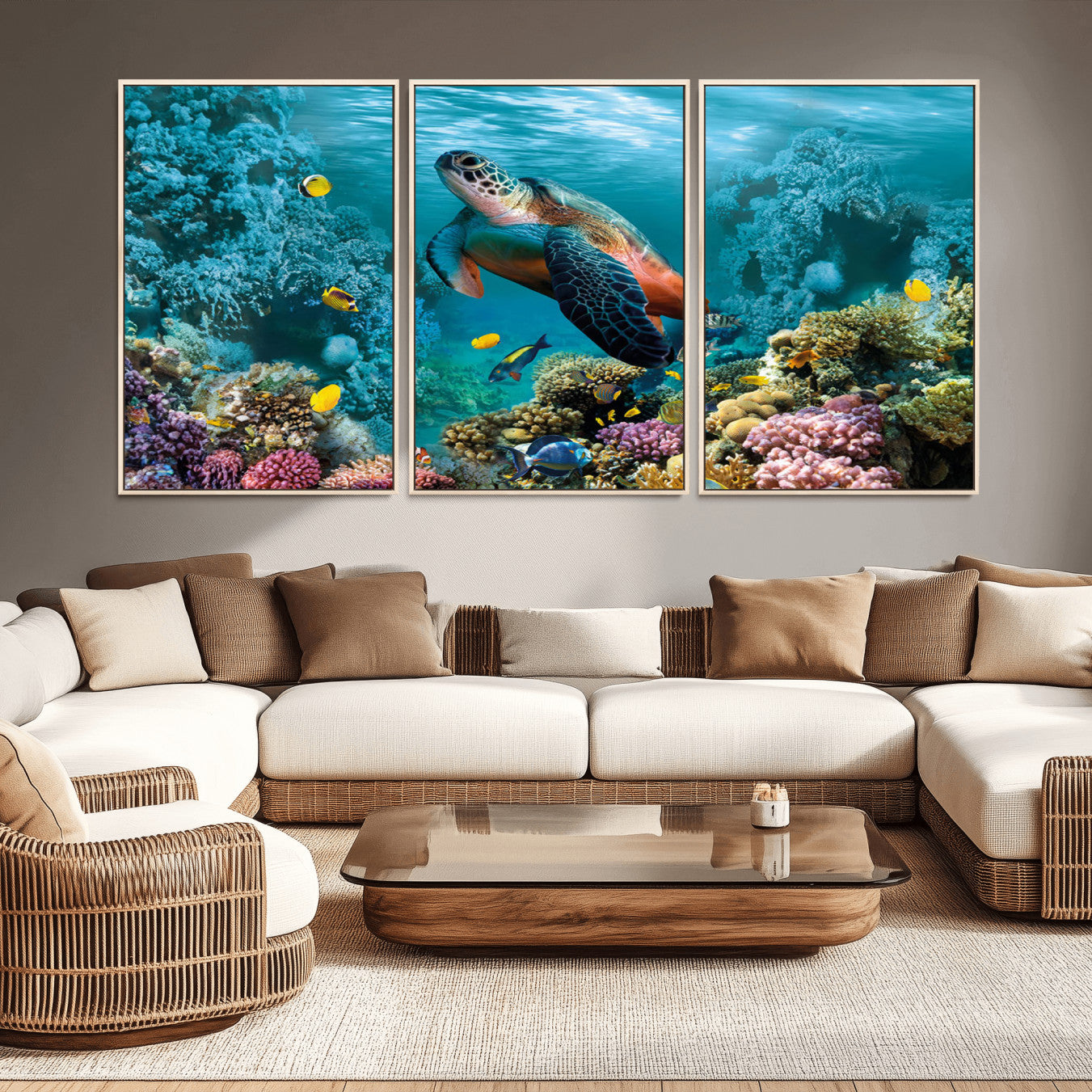 -Sea Turtle and Coral Reef Triptych Wall Art – Vibrant Underwater Scene Canvas Set for Ocean Lovers