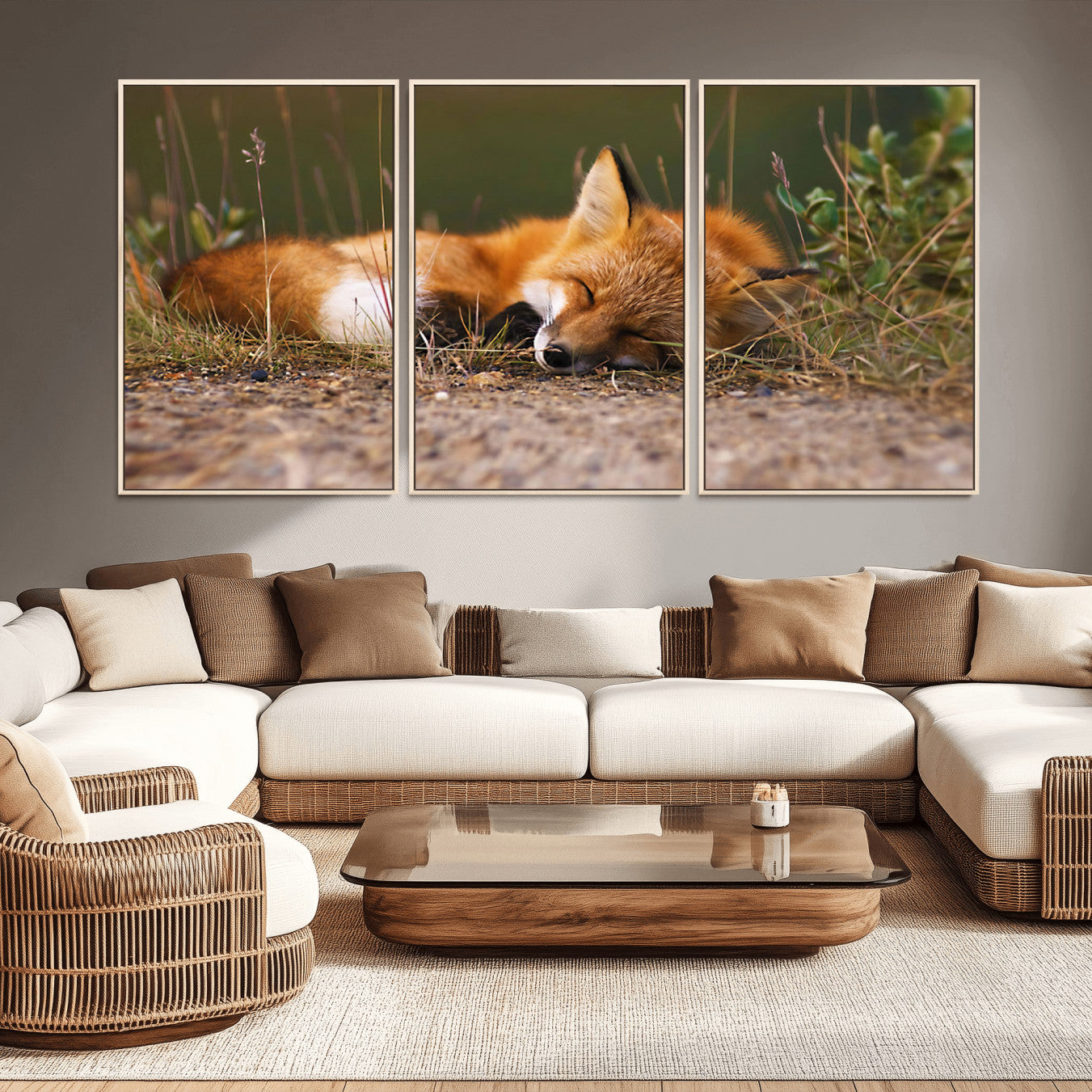 25085-MGV-FC-60X30-3P_Natural-Sleeping Fox Wall Art Canvas Print, Farmhouse Wall Decor and Animal Wall Art Print