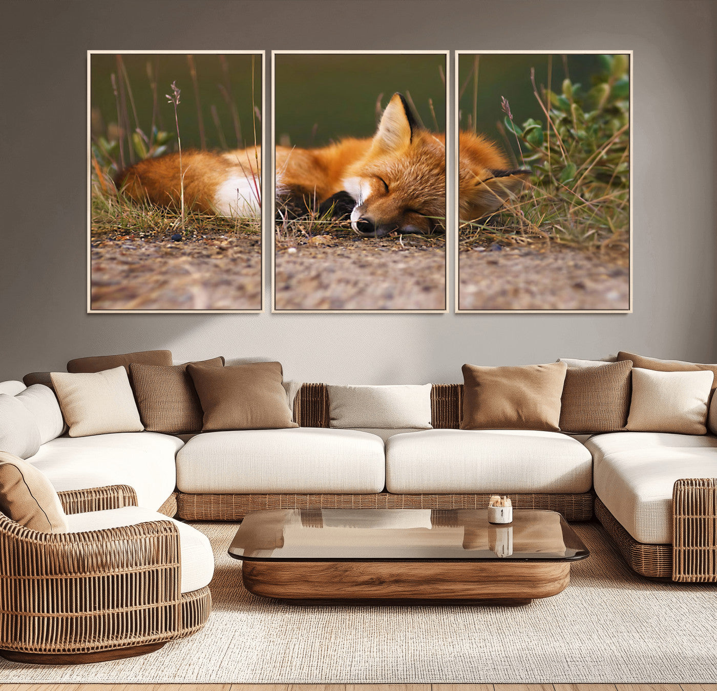 25085-MGV-FC-60X30-3P_Natural-Sleeping Fox Wall Art Canvas Print, Farmhouse Wall Decor and Animal Wall Art Print