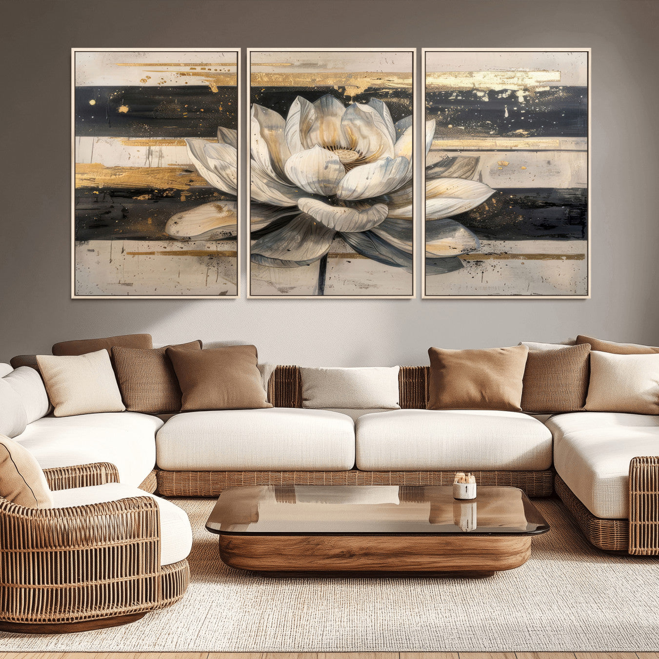 MGV-FC-60X30-3P - Lotus Flower Wall Art Canvas Print, Framed Abstract Lotus Art Picture Print, White Lotus Flower Perfect Abstract Floral Decor Artwork