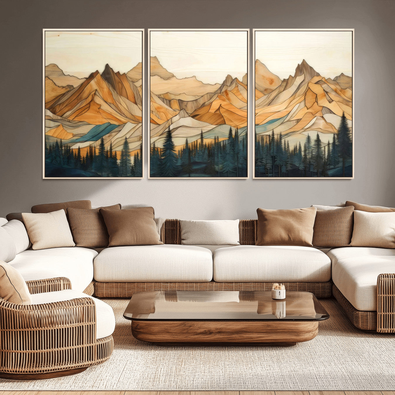 31576-MGV-CV-36X24-Rustic Wood Mountain Wall Art Print | Triptych Giclee Print Featuring Handcrafted Forest and