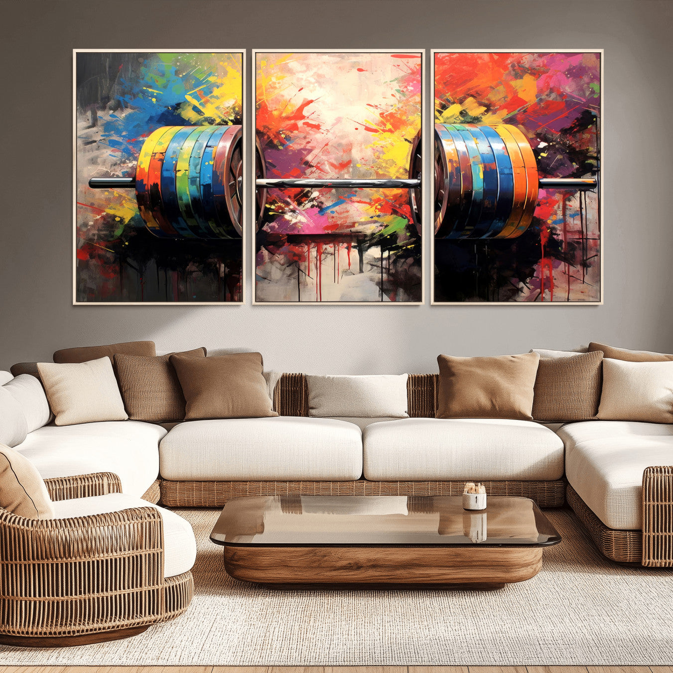 80436-MGV-CV-36X24-Weightlifting Barbell Art Triptych, Bold Abstract Fitness Wall Decor for Gym or Home, Giclee Canvas