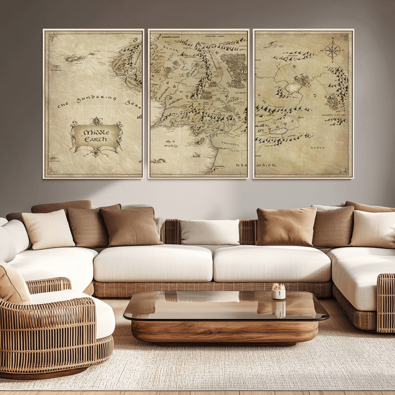 21784-MGV-CV-36X24-Vintage Middle Earth Map Wall Art Canvas – Lord of the Rings Inspired Framed Map Print, Classic Fantasy Decor for Home, Office