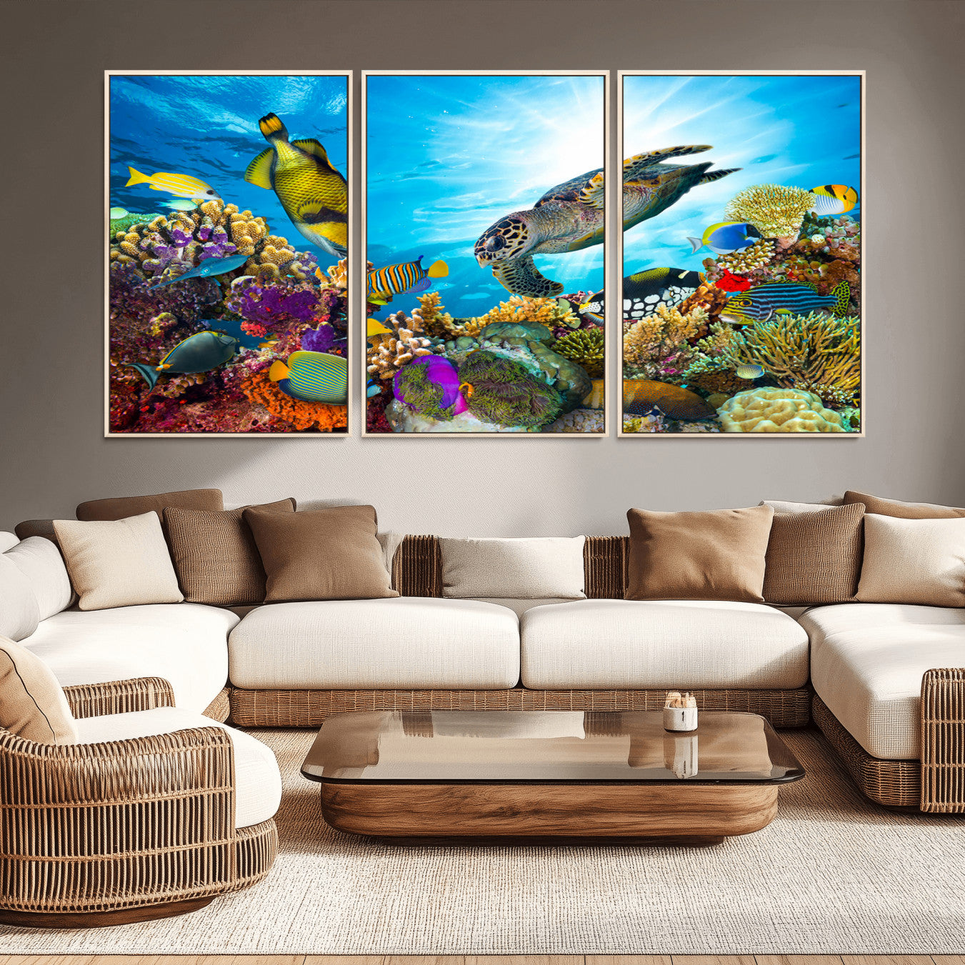 -Colorful Coral Reef and Sea Life Turtle Canvas Print, Underwater Tropical Ocean Wall Art for Home