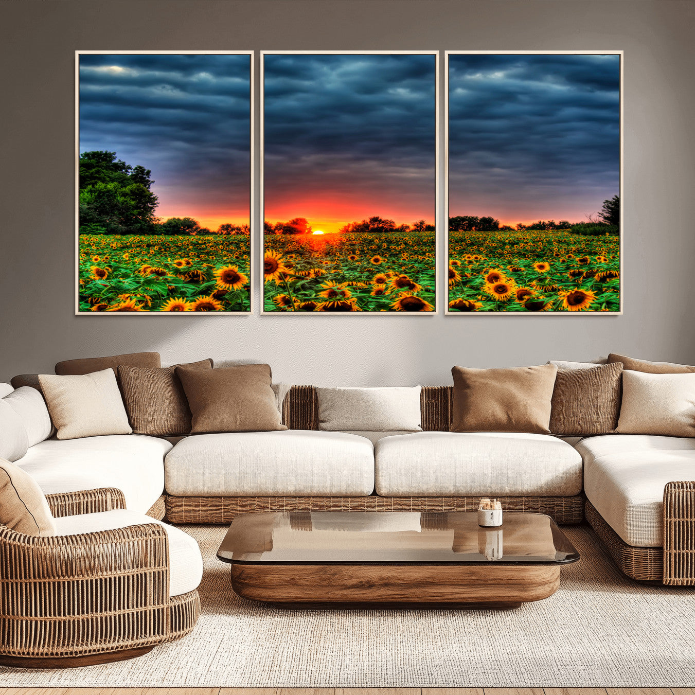 -Golden Sunflower Field at Sunset – Breathtaking Sky and Vibrant Flowers, Ready to Hang Wall Art