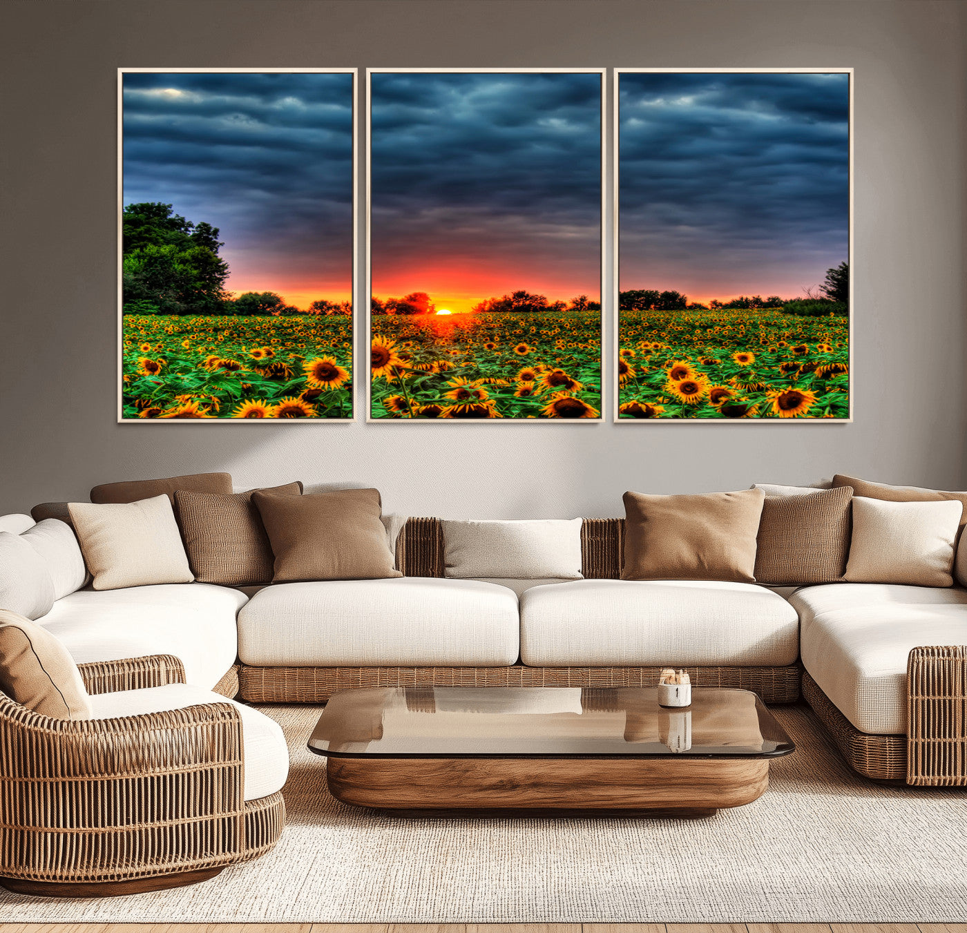 -Golden Sunflower Field at Sunset – Breathtaking Sky and Vibrant Flowers, Ready to Hang Wall Art