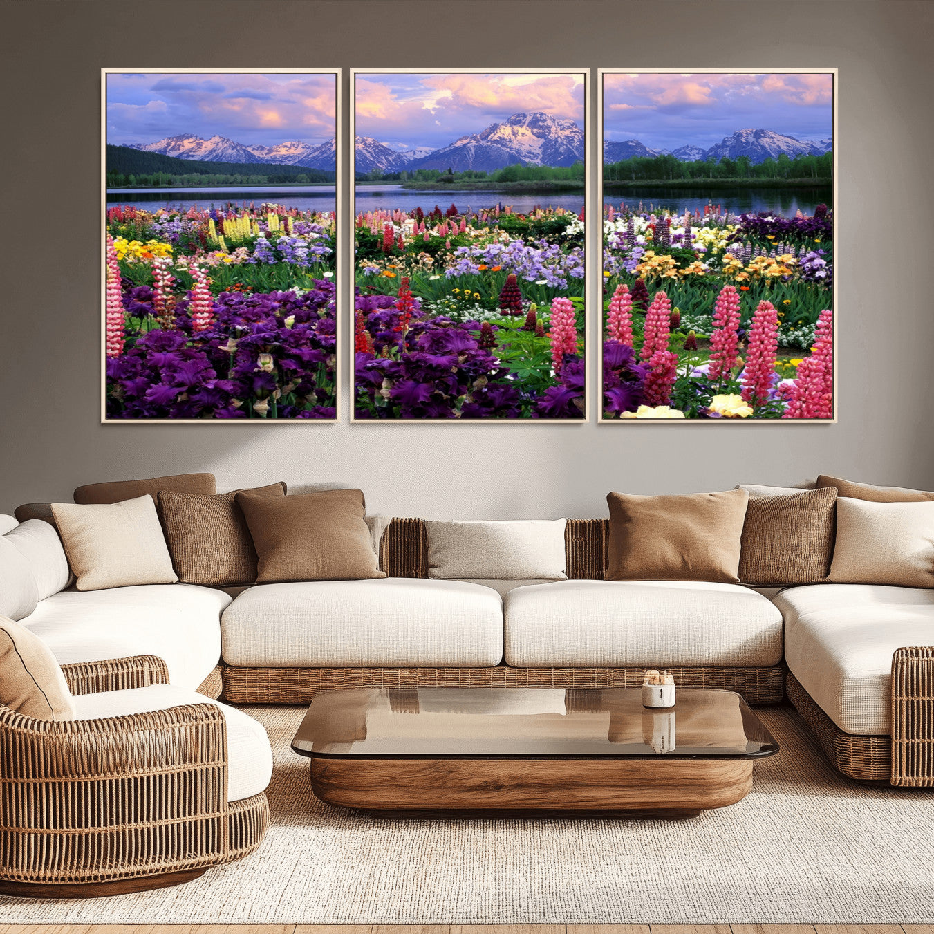 -Vibrant Wildflower Garden and Mountain View Giclee Canvas Print | Floral Wall Art for Living Room
