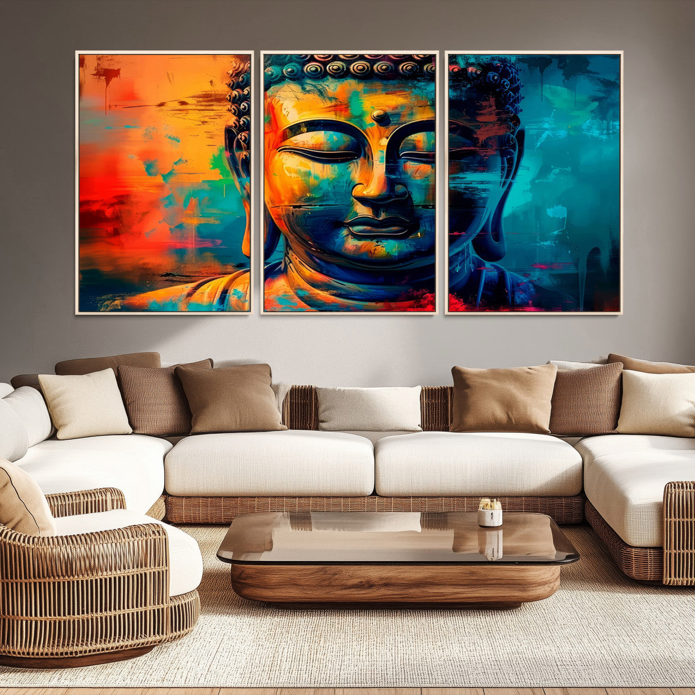 A vibrant, abstract artistic rendition of a Buddha statue face, blending bold and contrasting colors to evoke a sense of peace, spirituality, and enlightenment.