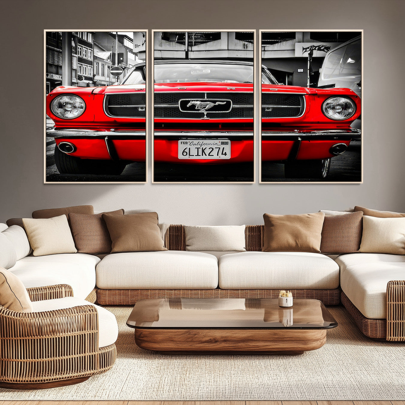 20365-MGV-CV-48X32-3P-Red Mustang Car Wall Art – Framed Classic Vehicle Canvas Artwork, Black White Urban Design, Decor for Home, Office