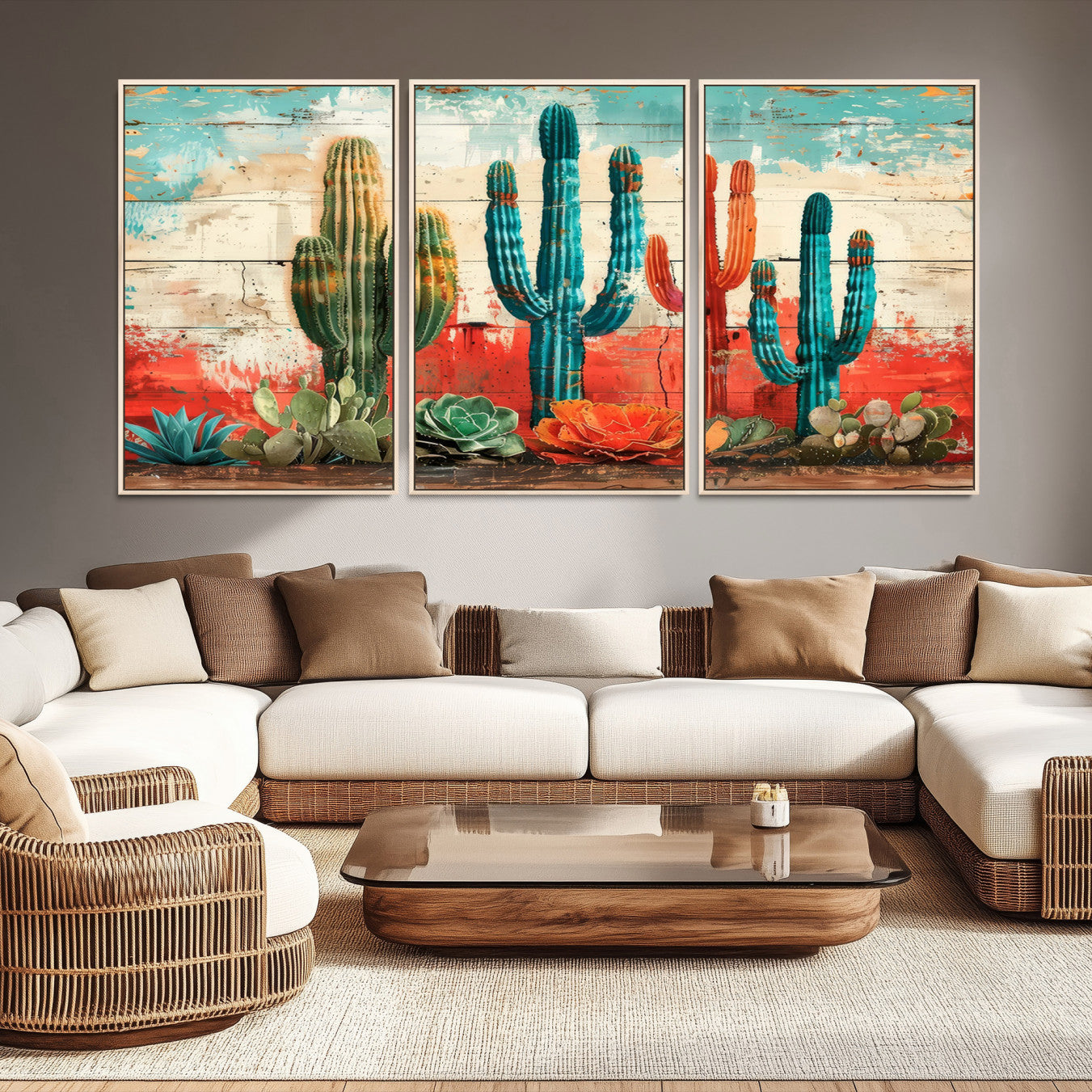 A vivid southwestern-style artwork featuring an eclectic mix of cacti and succulents painted against a textured, rustic wood backdrop in rich turquoise, red, and orange hues.
