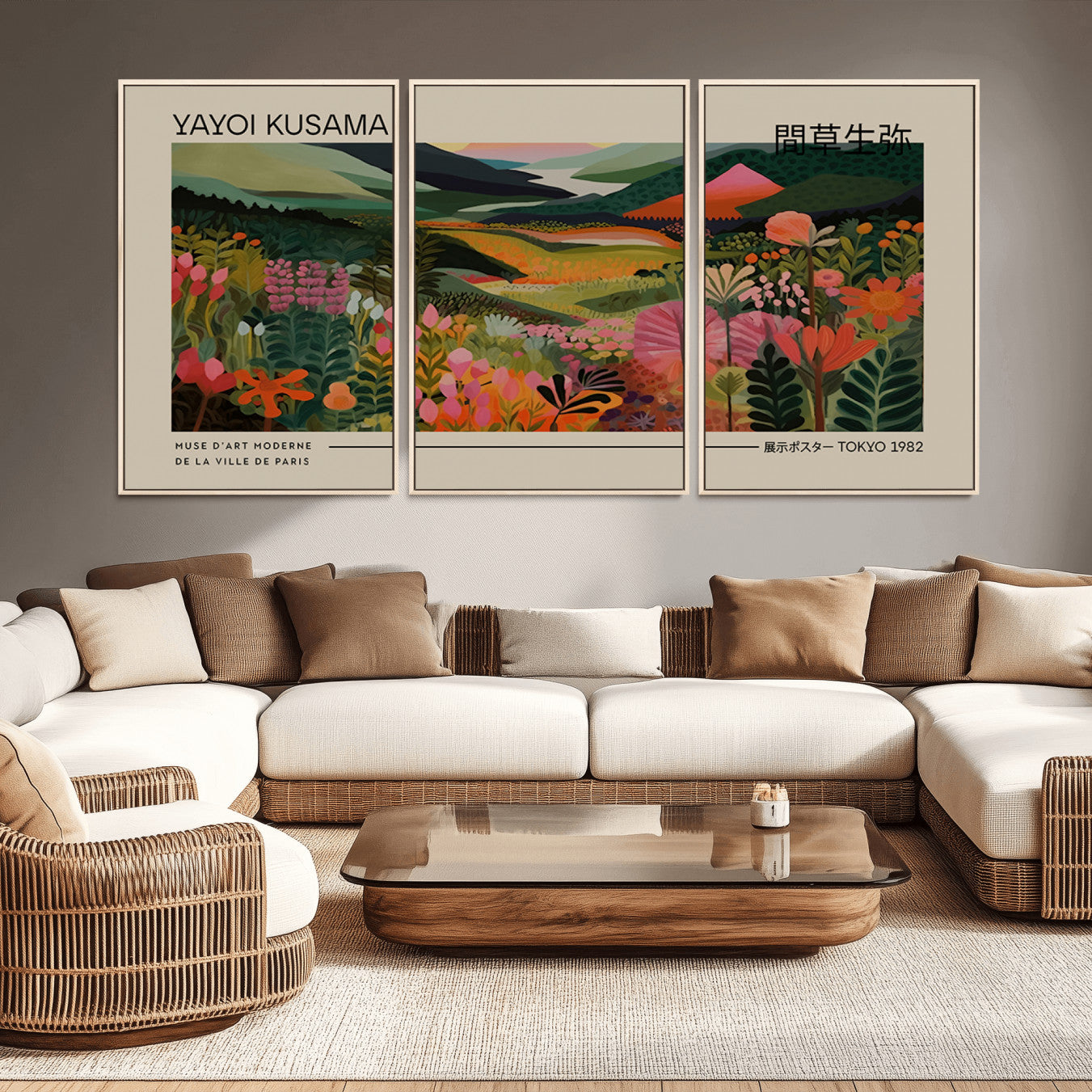 -Yayoi Kusama Landscape Canvas Print, Vibrant Floral Mountain Art Print, Botanical Flower Nature