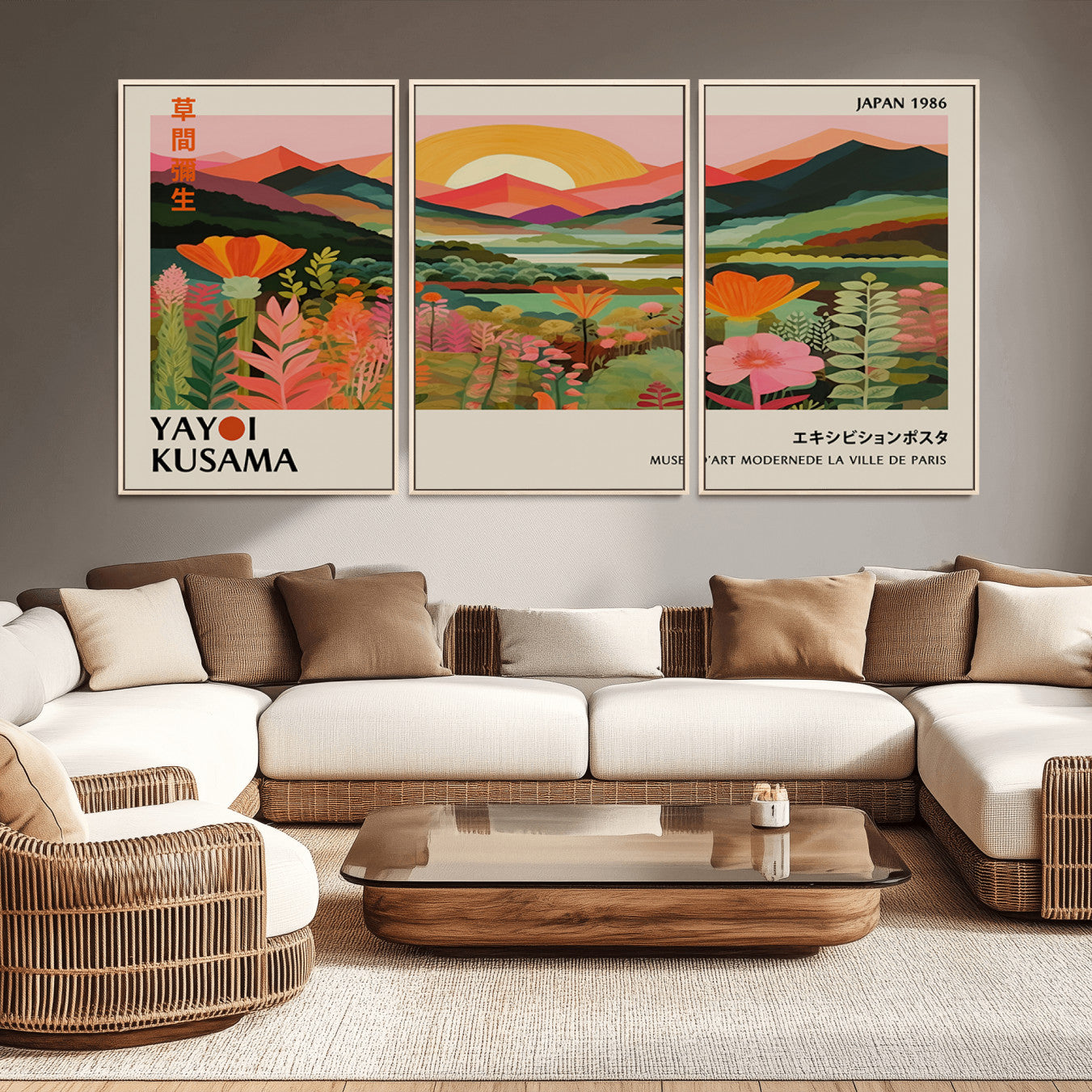 -Framed Yayoi Kusama Print, Vibrant Floral Mountain Art Print, Botanical Flower Nature Decor, Sunset