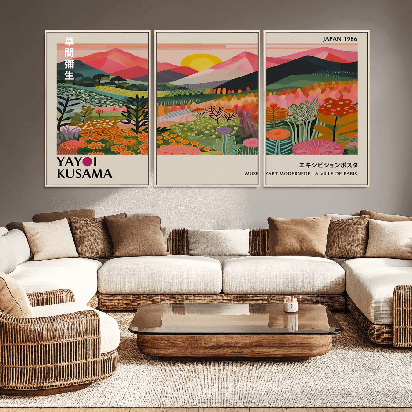-Yayoi Kusama Landscape Canvas Print, Vibrant Floral Mountain Art Print, Framed Botanical Wall Art -