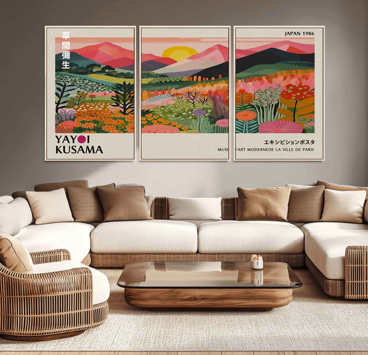 30051-MGV-CV-36X24 - Yayoi Kusama Landscape Canvas Print, Vibrant Floral Mountain Art Print, Framed Botanical Wall Art