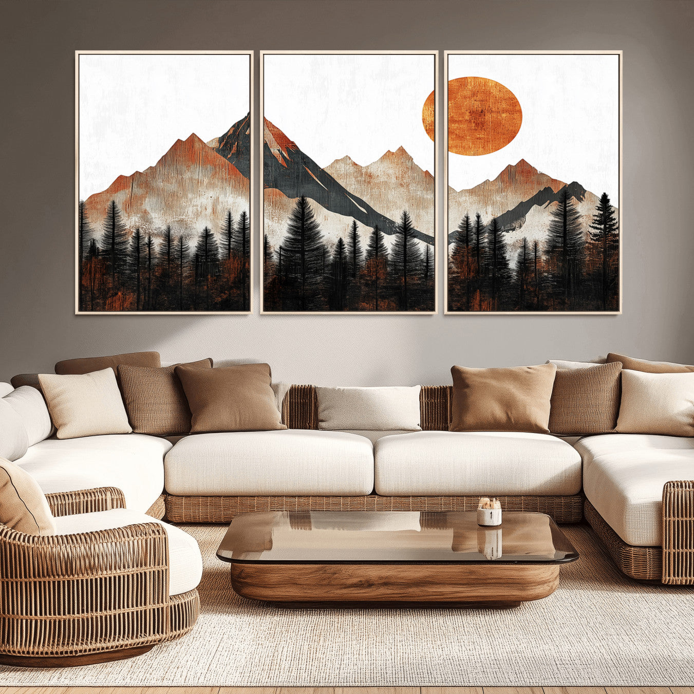 71366-MGV-CV-36X24-Modern Abstract Mountain Canvas Wall Art Print, Abstract Landscape Print, Rustic Sun and Mountains