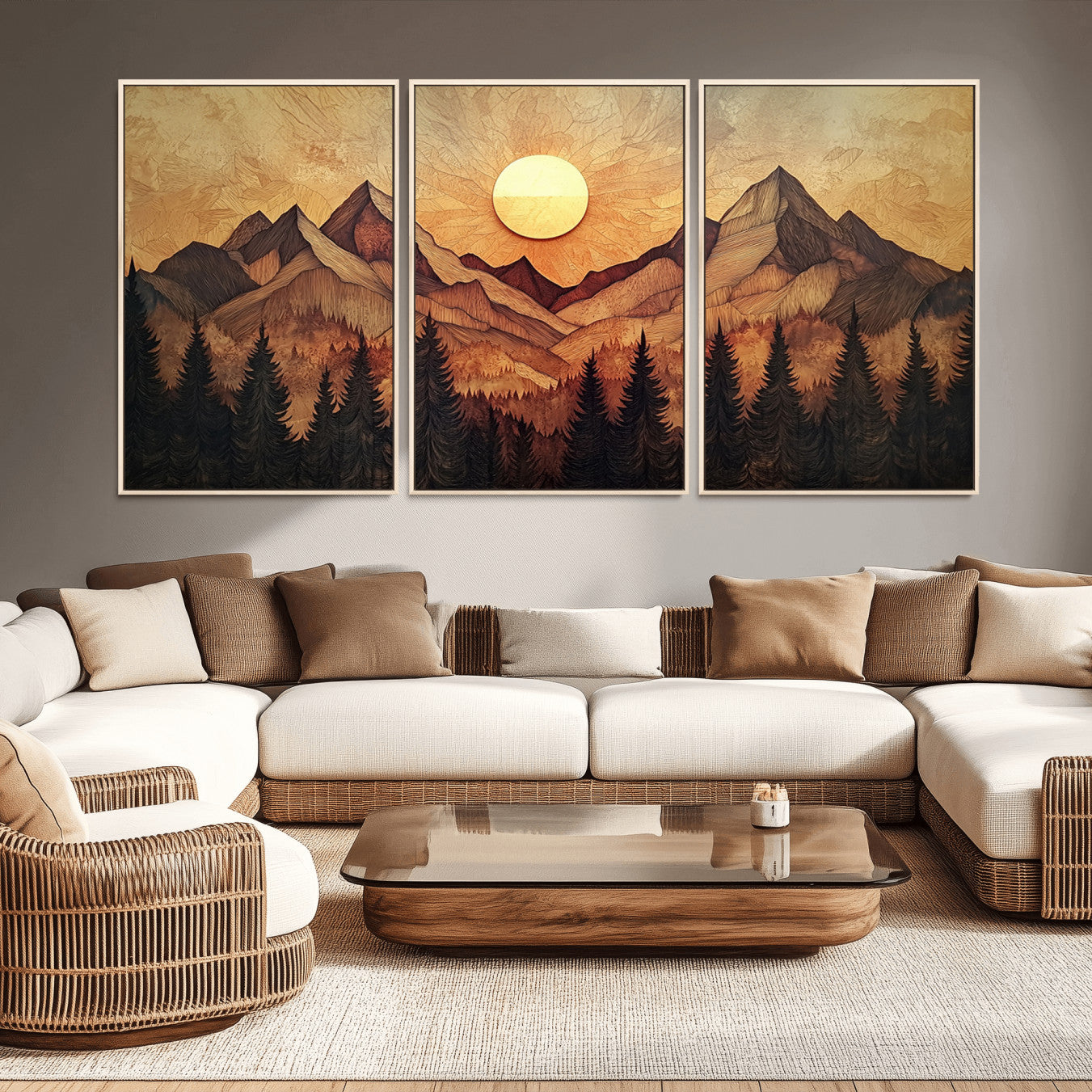 71340-MGV-CV-36X24-Wood Style Abstract Mountain Sunset Canvas Wall Art Print - Warm Earth Nature-Inspired Decor for