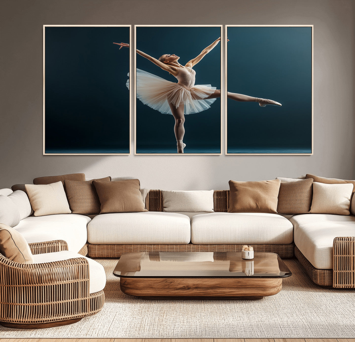 An elegant ballerina captured mid-pose on pointe, radiating grace and strength in a perfectly lit studio setting, her tutu fanned out in delicate symmetry.