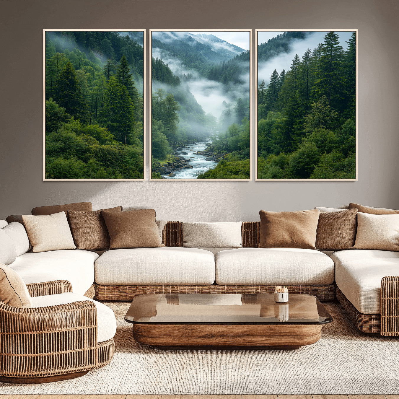 -Mountain Forest River Canvas Wall Art Print - Serene Nature Landscape for Living Room, Office, or