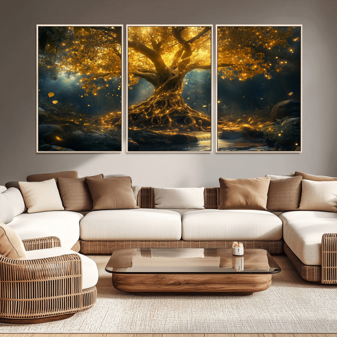 92739-MGV-CV-36X24-Golden Tree of Life Canvas Wall Art Print - Majestic Glowing Tree Wall Art Print
