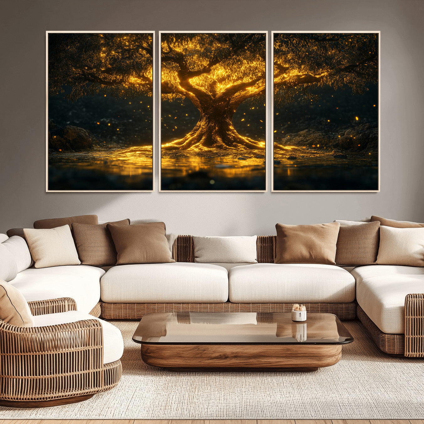 59580-MGV-CV-36X24-Golden Tree of Life Canvas Wall Art Print - Majestic Glowing Tree Wall Art Print