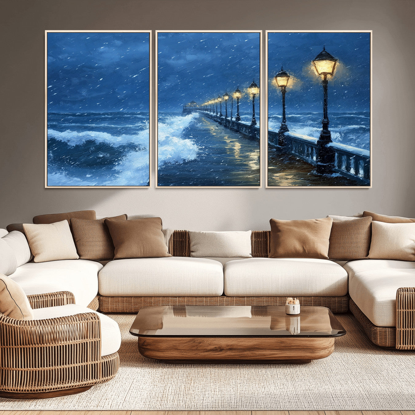 32668-MGV-CV-36X24-Stormy Ocean Pier Lights Canvas Wall Art Print - Large Moody Night Scene for Living Room, or Office,